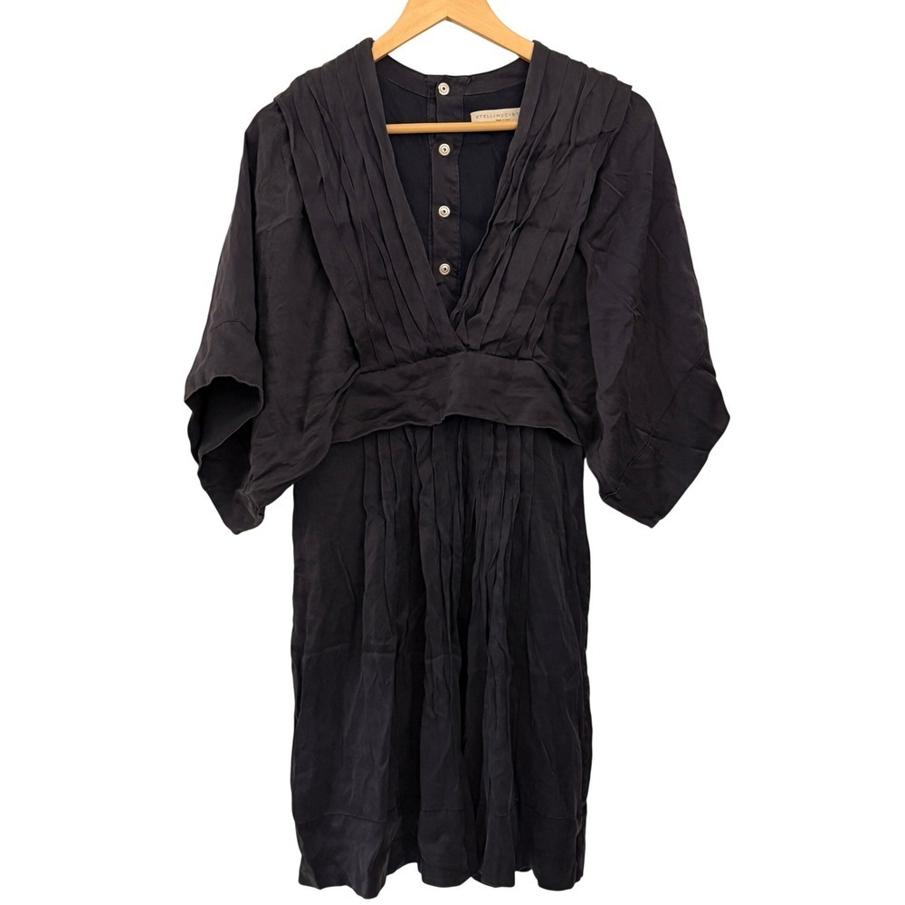 Stella McCartney Pleated Silk Dress Womens 42 Black Mini Kimono Sleeve Excellent